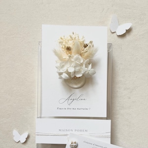 Demande de marraine, Annonce marraine, carte « Veux-tu être ma marraine? » carte papier martelé, fleurs séchées et cachet de cire