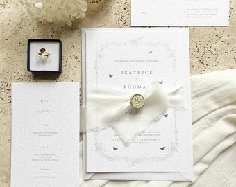 Einladungsset, Hochzeitseinladung - Moderne Kalligraphie, florale Hochzeitsillustration, feines goldenes Wachssiegel