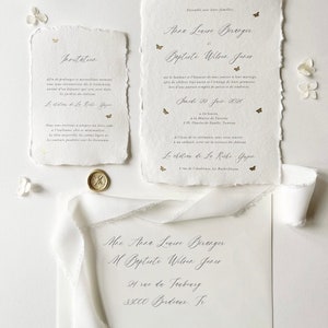 Customizable Wedding Invitation - Handmade Craft Paper, Calligraphy, Muslin Ribbon, Wax Seal