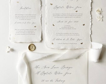 Faire-part de mariage personnalisable - Papier artisanal fait-main, calligraphie, ruban en mousseline, cachet de cire