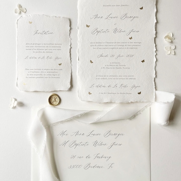 Faire-part de mariage personnalisable - Papier artisanal fait-main, calligraphie, ruban en mousseline, cachet de cire