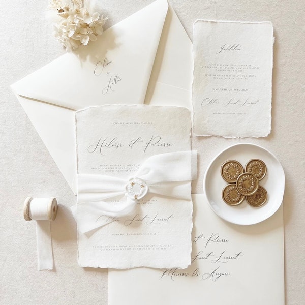 Faire-part de mariage personnalisable - Papier artisanal fait-main, calligraphie, ruban en mousseline, cachet de cire