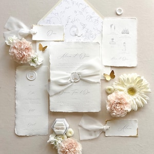 Wedding invitation, customizable - Handmade paper, cotton paper, calligraphy, ribbon, floral watercolor, wax seal