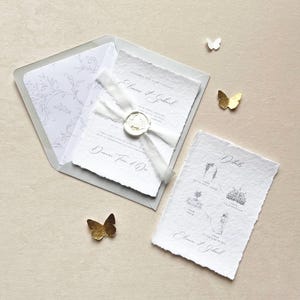Wedding invitation, customizable - Handmade paper, cotton paper, calligraphy, muslin ribbon, wax seal - Wedding invitation