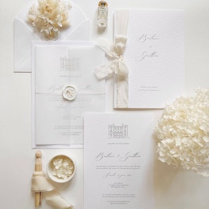 Customizable wedding invitation - Textured paper, modern calligraphy, castle illustration