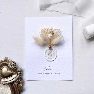 “Will you be my godmother?” card » Request for godmother, Godmother announcement, hammered paper, dried flowers and wax seal