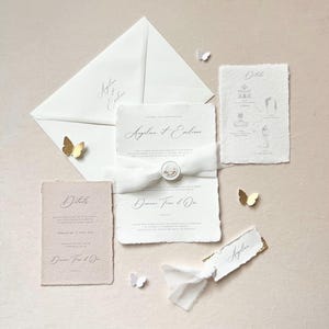 Wedding invitation, customizable - Handmade paper, cotton paper, calligraphy, muslin ribbon, wax seal - Wedding invitation