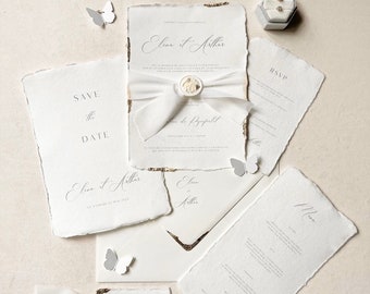 Faire-part de mariage personnalisable - Papier artisanal, calligraphie, ruban en mousseline, cachet de cire et dorure