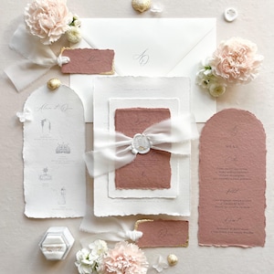Wedding invitation, customizable - Handmade paper, cotton paper, calligraphy, ribbon, wax seal - Terracotta