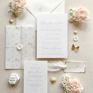 Wedding invitation, customizable - High-end paper, calligraphy, muslin ribbon, wax seal - Wedding invitation