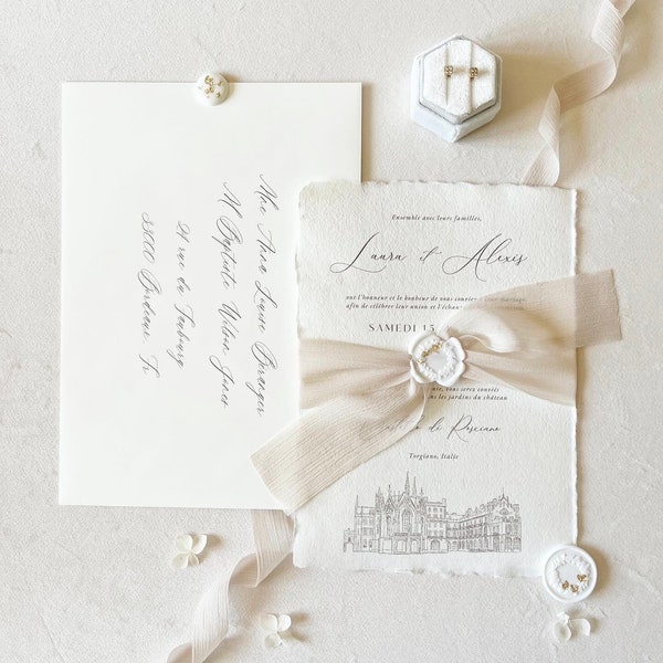 Faire-part de mariage personnalisable - Papier artisanal, calligraphie, ruban de mousseline et cachet de cire