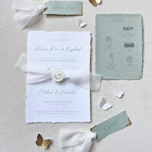 Wedding invitation, customizable - White and sage green craft paper, cotton paper, calligraphy, muslin ribbon, wax seal