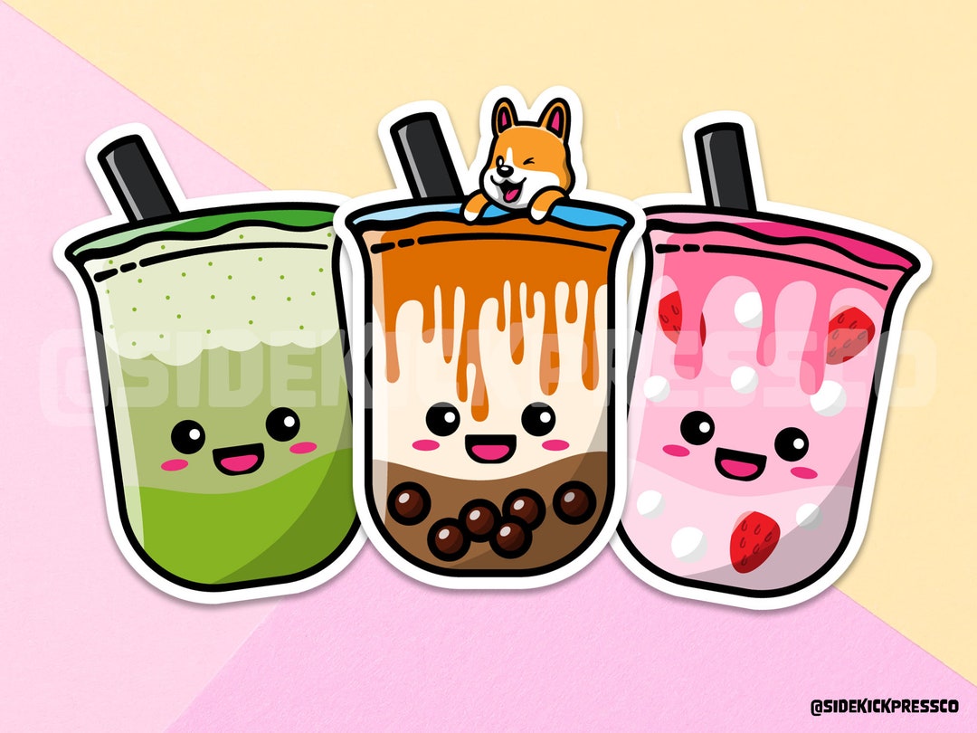 Bubble Tea Sticker Pack / Matcha Green Tea / Strawberry Boba / Brown ...