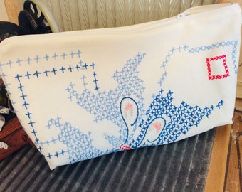 VINTAGE LINEN reimagined to a draw string kit BAG floral pretty with lovely original hand embroidery