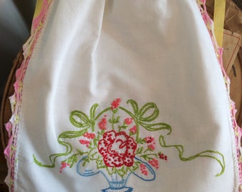 VINTAGE LINEN reimagined to a draw string kit BAG floral pretty with lovely original hand embroidery
