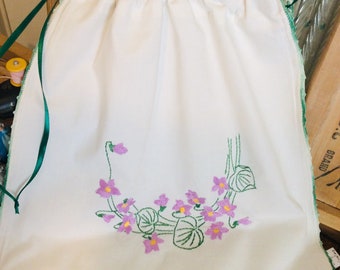 VINTAGE LINEN reimagined to a draw string kit BAG floral pretty with lovely original hand embroidery