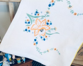 VINTAGE LINEN reimagined to a draw string kit BAG floral pretty with lovely original hand embroidery