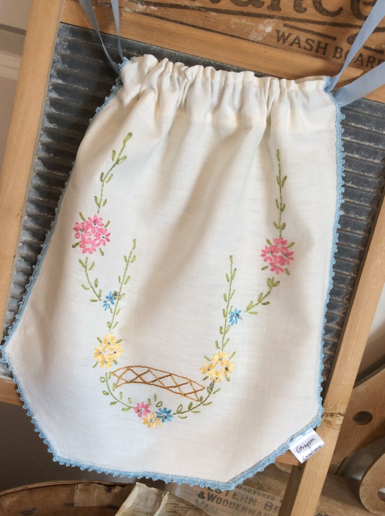 VINTAGE LINEN reimagined to a draw string kit BAG floral pretty with lovely original hand embroidery