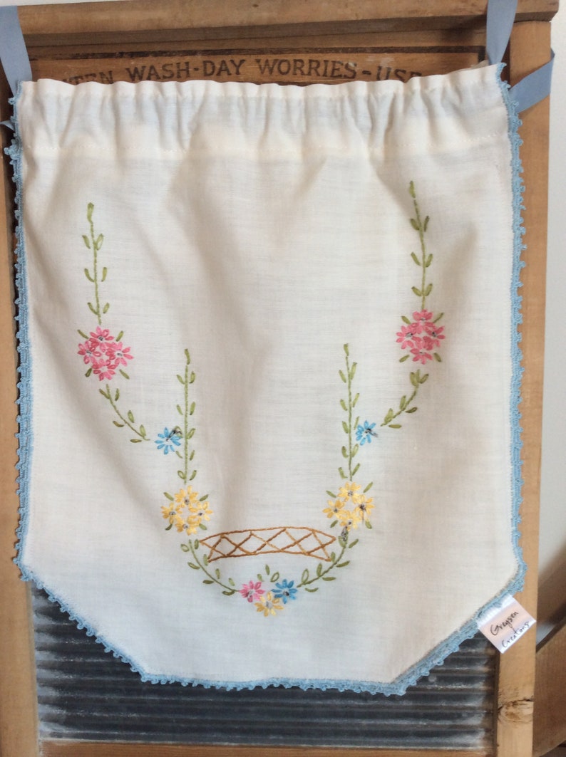 VINTAGE LINEN reimagined to a draw string kit BAG floral pretty with lovely original hand embroidery