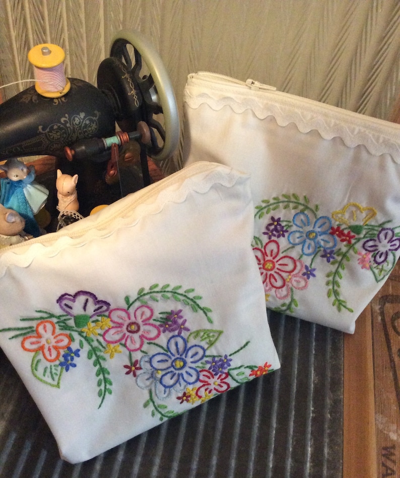 VINTAGE LINEN reimagined set of two lined Zip BAGS bouquet of Hand embroidery
