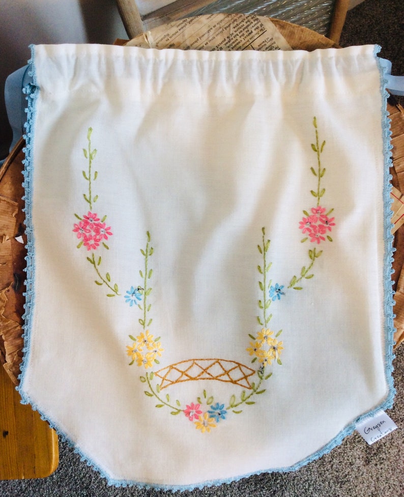 VINTAGE LINEN reimagined to a draw string kit BAG floral pretty with lovely original hand embroidery