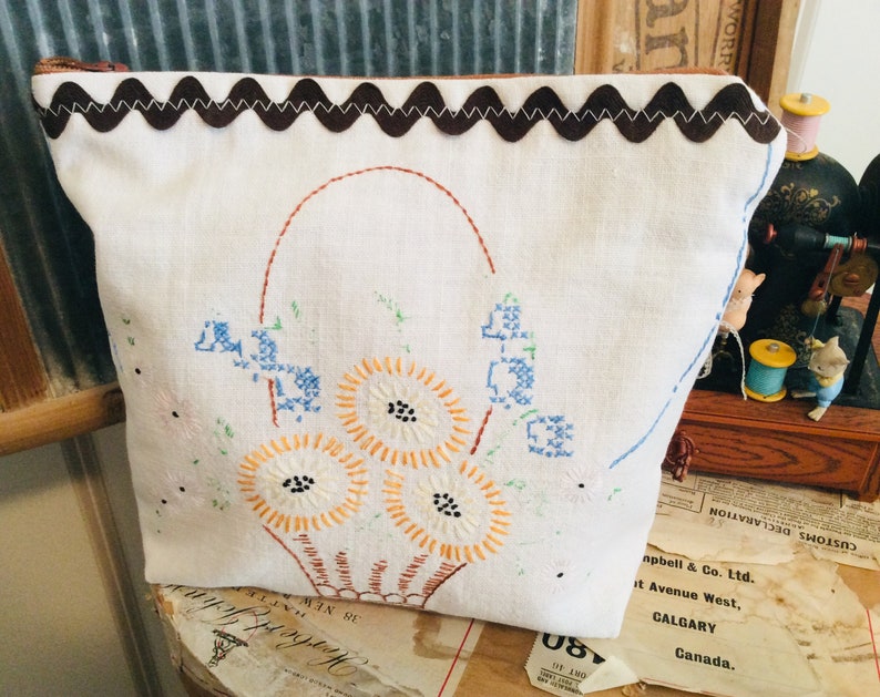 VINTAGE LINEN reimagined single Zip BAG lined with mini leaf print and Hand embroidery