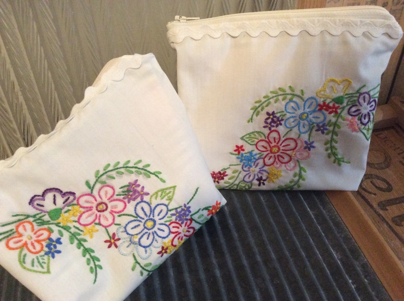 VINTAGE LINEN reimagined set of two lined Zip BAGS bouquet of Hand embroidery