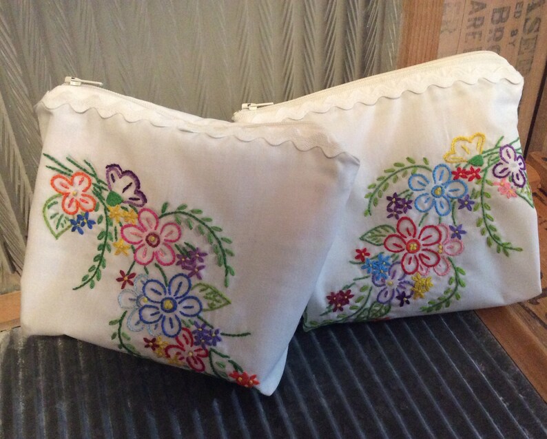 VINTAGE LINEN reimagined set of two lined Zip BAGS bouquet of Hand embroidery