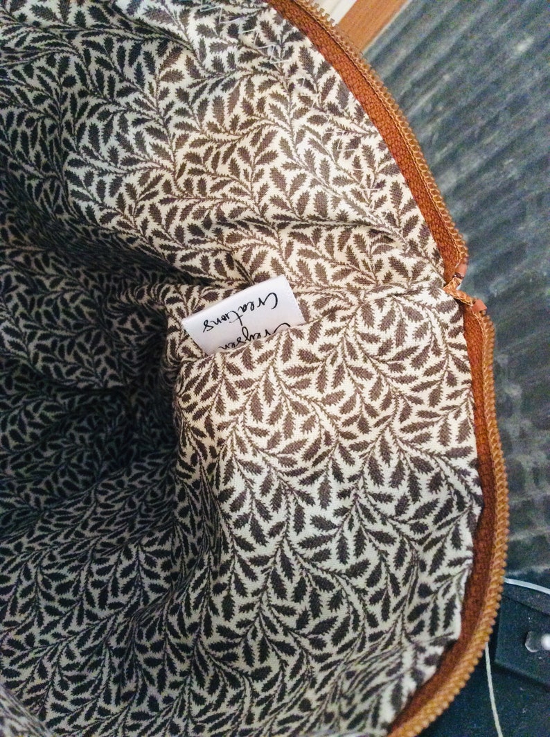 VINTAGE LINEN reimagined single Zip BAG lined with mini leaf print and Hand embroidery