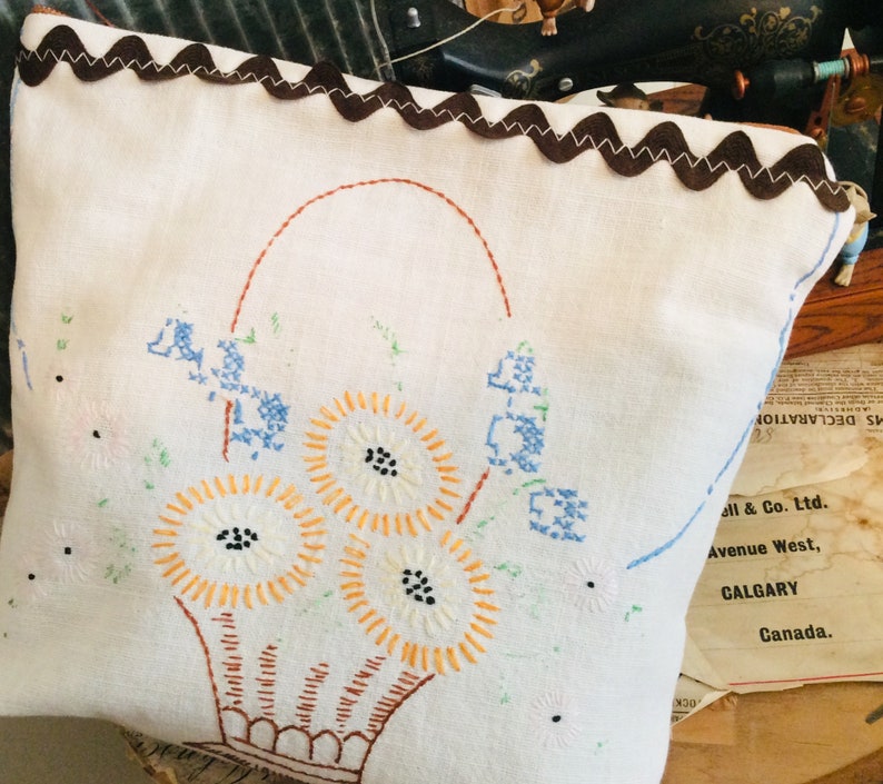 VINTAGE LINEN reimagined single Zip BAG lined with mini leaf print and Hand embroidery