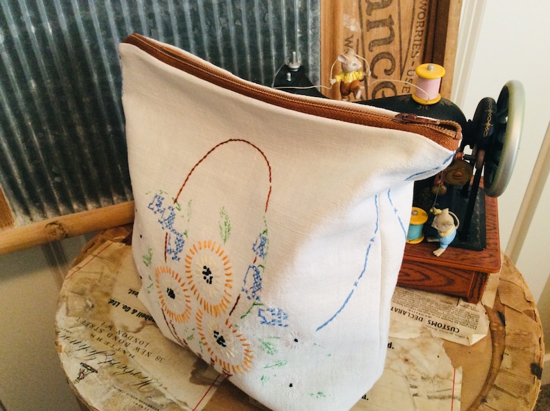 VINTAGE LINEN reimagined single Zip BAG lined with mini leaf print and Hand embroidery