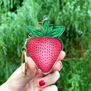 Strawberry Keychain - Double-sided, Clear & Acrylic - Tropical Trendy Cool Accessory for Keys, Wallet, Wristlet, Bag, Tote - Cute Gift