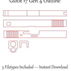 Puede incluir: Un contorno vectorial digital de un arma de fuego Glock 17 Gen 4, con dibujos de líneas rojas de la corredera y componentes sobre un fondo blanco. El texto dice Glock 17 Gen 4 Outline, 5 Filetypes Included --- Instant Download (Adobe Illustrator, SVG, DXF, XCS, Lightburn).