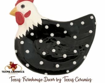 Chicken Spoon Rest Black with White Dots Country Farmhouse Decor for Kitchen Counter, Stoves