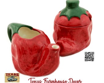 Chili Pepper Pitcher and Sugar Bowl, Salsa Serving Set Red Southwest New Mexico Decor