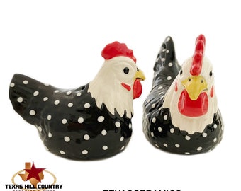 Chicken and Rooster Salt and Pepper Shakers in Retro Black and White Dots, Farmhouse Kitchen Accent, Made in USA by Texas Ceramics