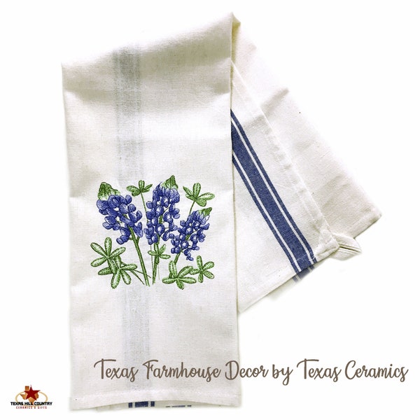 Texas Bluebonnet Wildflowers Embroidery Natural Cotton Kitchen Dish Towel Blue Accent Made in Texas by Texas Ceramics Texas Farmhouse Shop