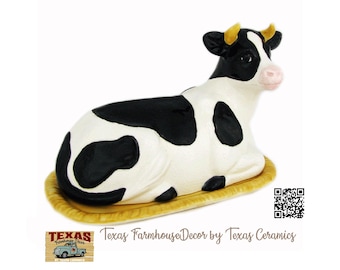 Cow Butter Dish Country Farmhouse Decor for Kitchen or Table, Black White Holstein Cow