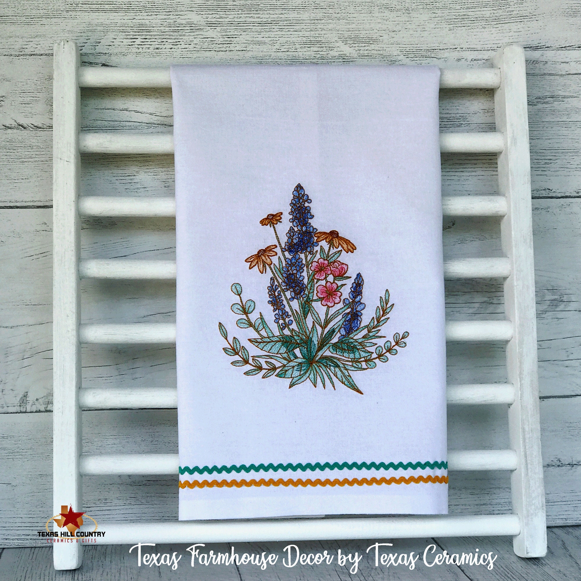 Texas Bluebonnet Wildflower Cotton Kitchen Towel made in the Texas Hill  Country, Embroidered Texas Bluebonnet Wildflowers with Blue Stripe Accent  Towel 100% Cotton - Texas Hill Country Ceramics