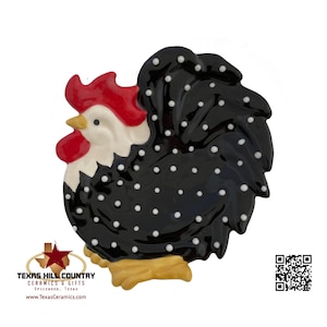 May include: Black and white ceramic rooster dish with red accents and white polka dots. The dish is made by Texas Hill Country Ceramics & Gifts.