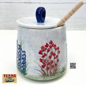 Ceramic Honey Pot and Lid with Wood Dipper: Hand Painted Texas Bluebonnet Wildflowers