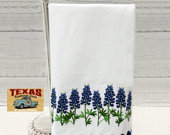 Texas Bluebonnet Wildflower Border Embroidered on White Cotton Kitchen Dish Towel Blue Accent Trim
