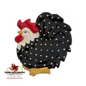 Retro Chicken or Rooster Tea Bag Holder or Small Spoon Rest, Farmhouse Decor by Texas Ceramics, Black with White Dots