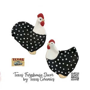 Chicken Rooster Set Tea Bag Holder, Small Teaspoon Rest Black White Dots