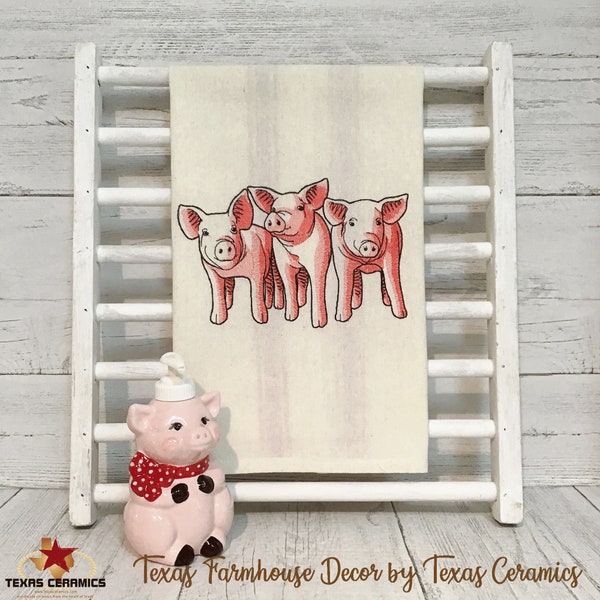 Pig Trio Texas Farmhouse Cotton Kitchen Dish Towel Pink Detailed Embroidery Design, Made in the USA by Texas Ceramics