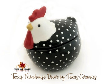 Retro Chicken Sugar Bowl with Lid in Black with White Dots, Country Farmhouse Kitchen or Dining Table Decor by Texas Ceramics
