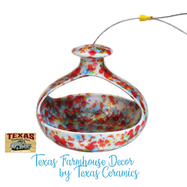 Colorful Ceramic Hanging Bird Feeder Retro Style Bright Colors, Strong Steel Cable Hanger for Patio Porch Balcony Yard  by Texas Ceramics