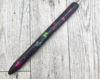 Rainbow stars glitter pen, black glitter, black ink gel pen, refillable, retractable, custom pen