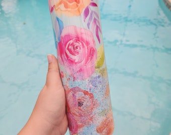 READY TO SHIP floral glitter tumbler, flowers, roses, insualted with lid and straw