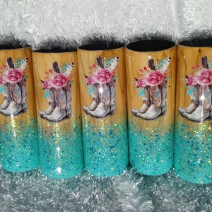 Cowgirl boot tumbler, glitter tumbler, woodgrain, floral boots, insulated skinny, curve, mug, wineglass with lid and straw